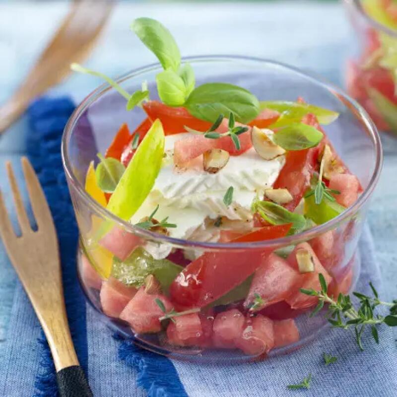 Recette : Salade de tomate et pastèque au fromage frais