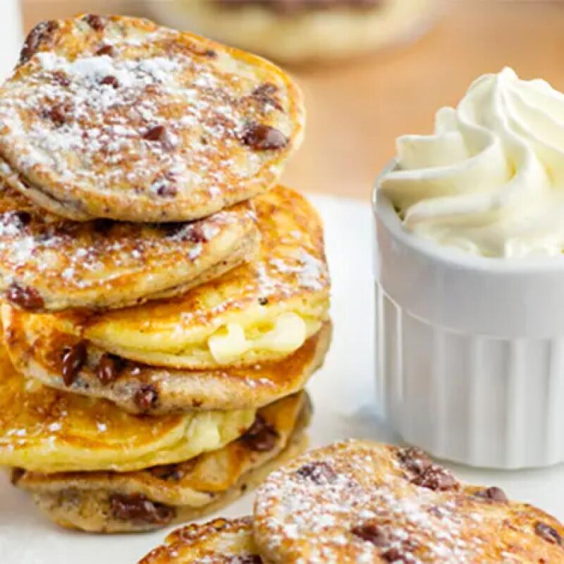 Recette : Pancakes à la crème, fromage frais et pépites de chocolat