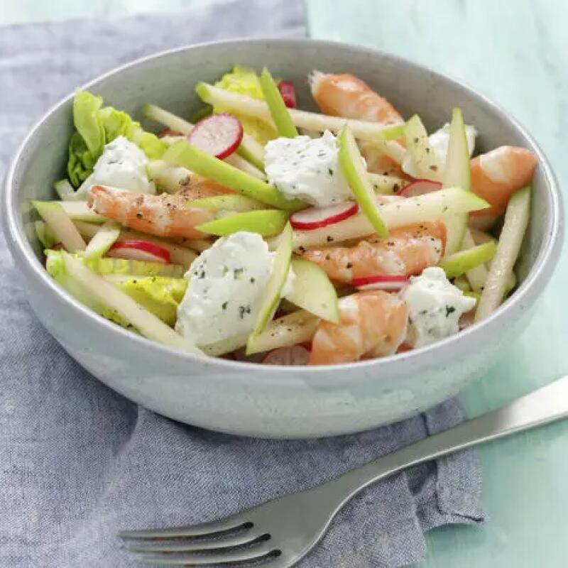 Recette : Salade fraîcheur aux crevettes, pomme verte et fromage frais